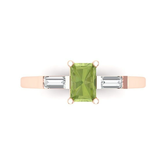 0.8 ct Emerald Cut Natural Peridot Three-Stone Engagement Ring for Women in 18K Rose Gold