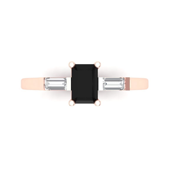 Clara Pucci 14K Rose Gold Solid Gold Onyx Three-Stone Anniversary Ring for Women - 0.8 cttw Emerald Cut