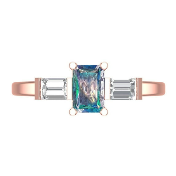 0.8 ctw 3 Stone Anniversary Ring for Women | Emerald Cut Blue Moissanite | Hyperallergenic Solid 14K Rose Gold