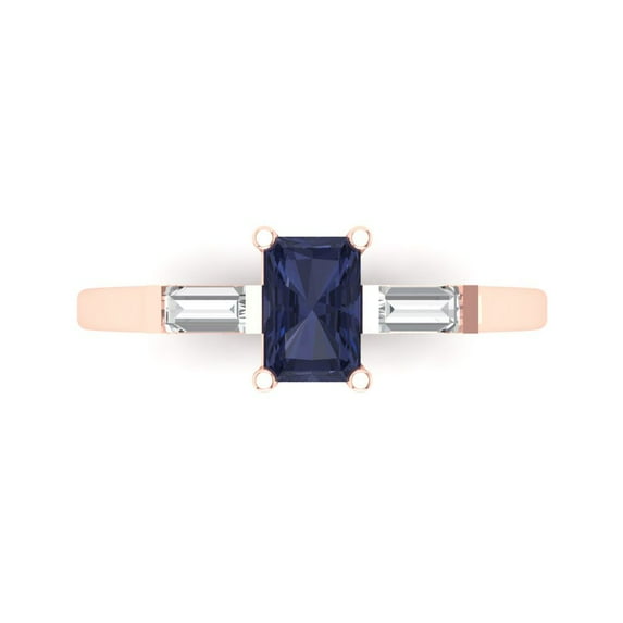 0.8 ctw 3 Stone Anniversary Ring for Women | Emerald Cut Simulated Blue Sapphire | Hyperallergenic Solid 18K Rose Gold
