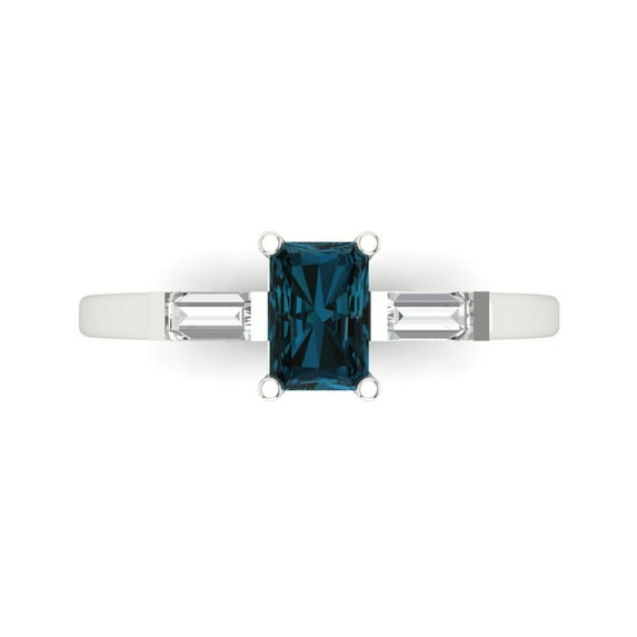 0.8 ctw 3 Stone Anniversary Ring for Women | Emerald Cut Natural London Blue Topaz | Hyperallergenic Solid 14K White Gold