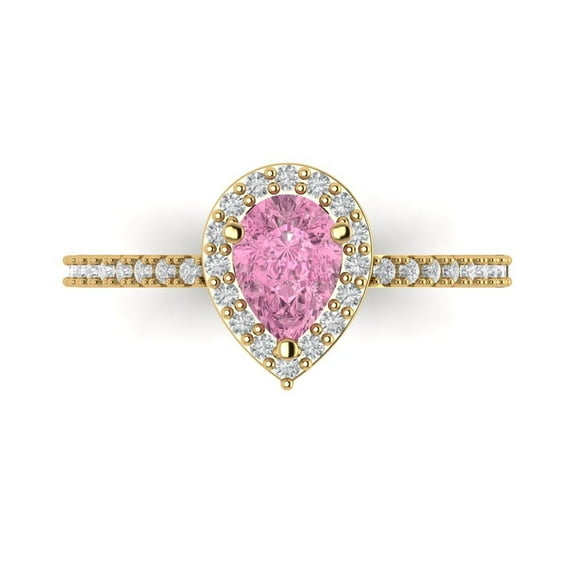 Clara Pucci 14K Yellow Gold Solid Gold Pink Solitaire with Accents Anniversary Ring for Women - 0.755 cttw Pear Cut