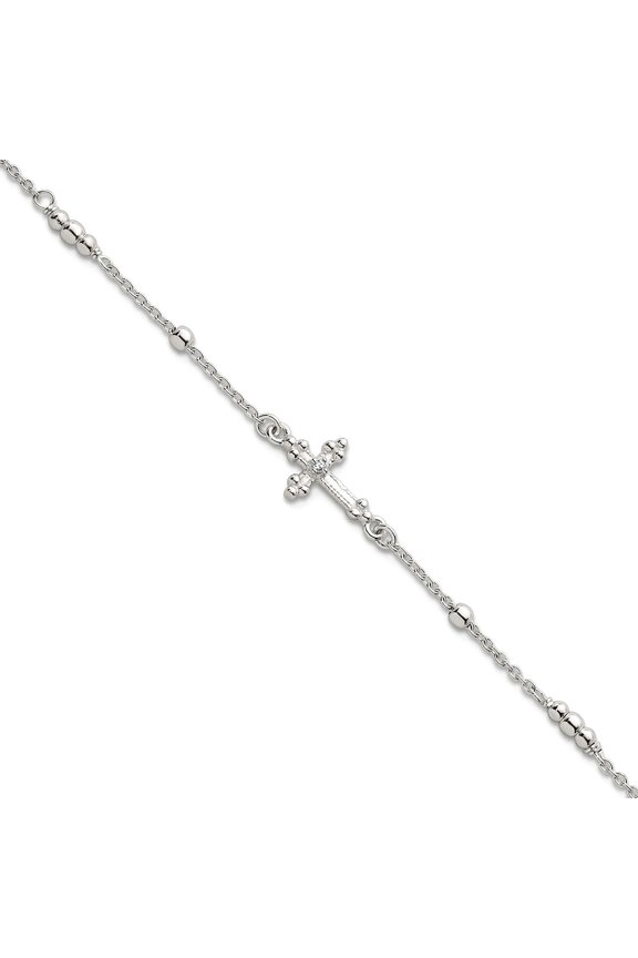 0.8mm 925 Sterling Silver Polished and Beaded CZ Religious Faith Cross With 1 Inch Extension Bracelet 7 Inch Link Bracel