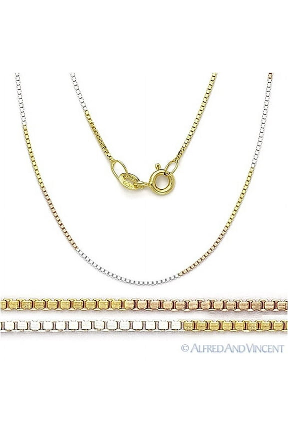 0.8mm Box Link Italian Chain Necklace in 3-Tone .925 Sterling Silver w/ 14k Gold & Rhodium