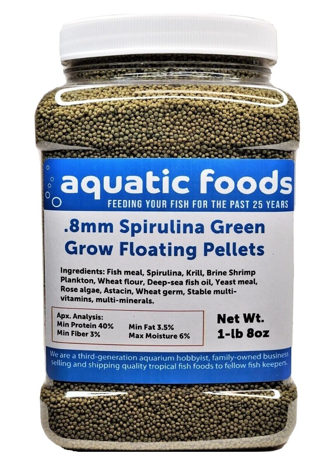 0.8mm Spirulina Green Grow Floating Pellets for Baby Discus, Cichlids, All Tropicals, Koi and Pond Fish…1-lb & 8oz Med Jar