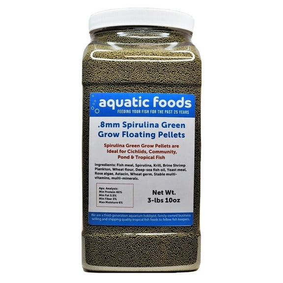 0.8mm Spirulina Green Grow Floating Pellets for Baby Discus, Cichlids, All Tropicals, Koi and Pond Fish…3-lb &10oz Lg Jar
