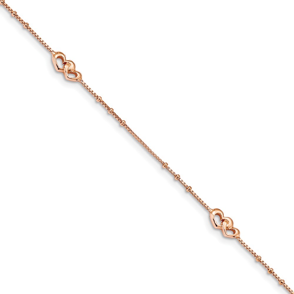 0.8mm Sterling Silver Rose-tone Polished Hearts With 1in Ext Anklet - 2.8 Grams - 9 Inch