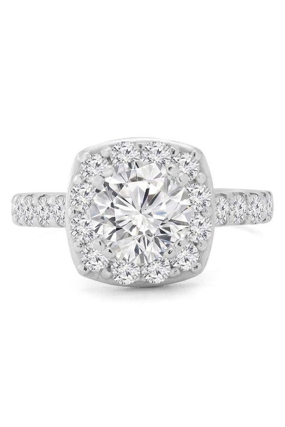0.9 CTW Round Diamond Cathedral Cushion Halo Engagement Ring with Accents in 14K White Gold - Size 5