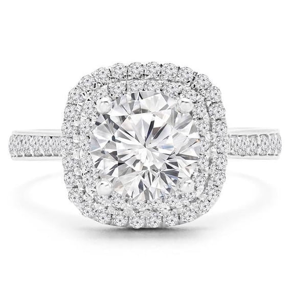 0.9 CTW Round Diamond Double Cushion Halo Engagement Ring in 14K White Gold - Size 8.5