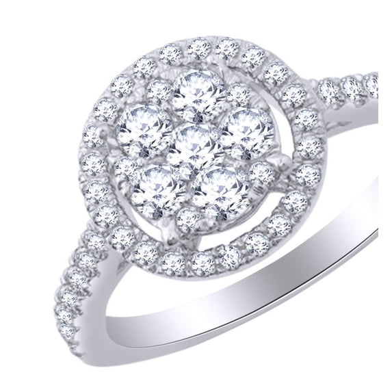 AFFY 0.9 Ct Round White Natural Diamond Circle Cluster Engagement Ring in 14k White Gold Ring Size - 10