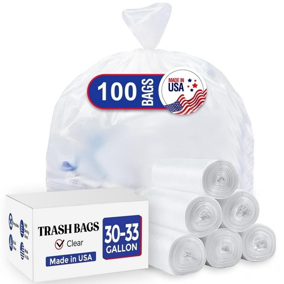 Cozymood 33 Gallon Trash Bags, 100 Count Heavy Duty Garbage Bags, Garbage Can Liners Outdoor Indoor, 0.9 Mil, Clear