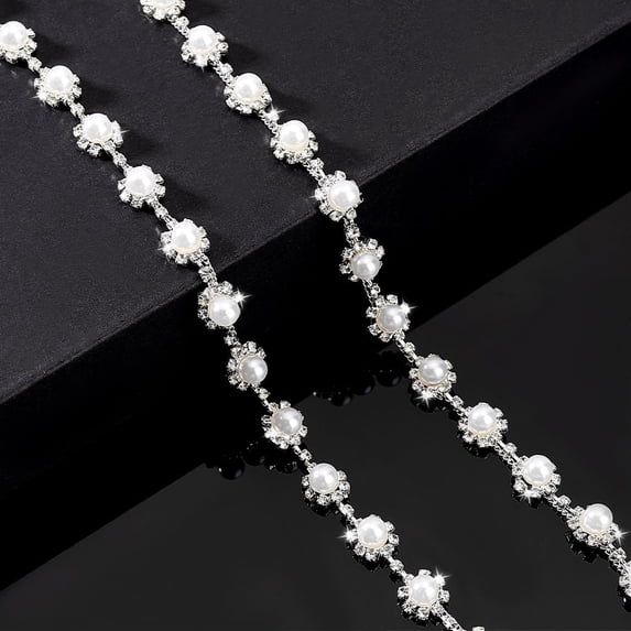 0.9 Yards Rhinestone Pearl Flower Chain 0.4 inch Wide Trim Rhinestone Chain Trim Chain Pearl Trim Applique for Wedding Dress Sewing Crafts Bridal Costume Embellishment DIY Decor Silver 1pc