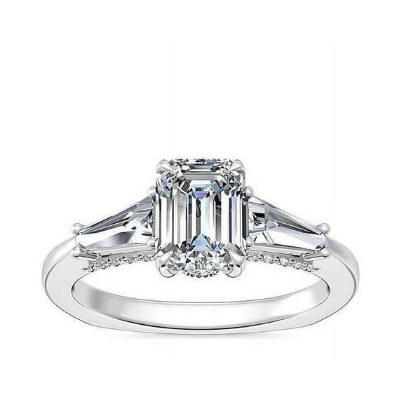 0.90 Carat Excellent Emerald Cut Real Diamond New Design Three Stone Ring for Wedding Solid 18K White Gold Size 11