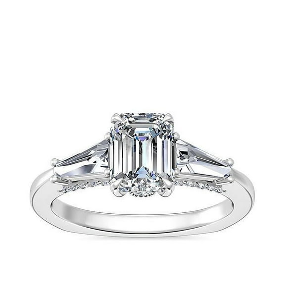 0.90 Carat Excellent Emerald Natural Diamond Elegant Three Stone Designer Wedding Ring for Women Solid 14K White Gold Size 7