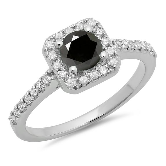 0.90 Carat (ctw) 10K White Gold Round Black & White Diamond Ladies Bridal Halo Style Engagement Ring