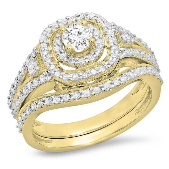 0.90 Carat (ctw) 10K Yellow Gold Round White Diamond Ladies Bridal Halo Style Split Shank Engagement Ring Set