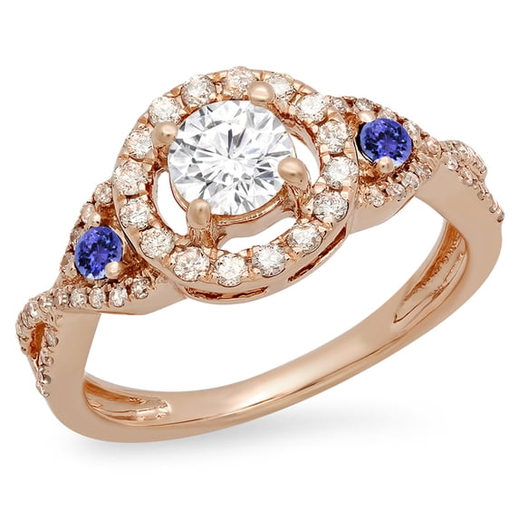 0.90 Carat (ctw) 14K Rose Gold Round Tanzanite & White Diamond Ladies 3 Stone Swirl Halo Vintage Bridal Engagement Ring