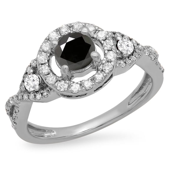 0.90 Carat (ctw) 14K White Gold Round Black & White Diamond Ladies 3 Stone Swirl Halo Vintage Bridal Engagement Ring