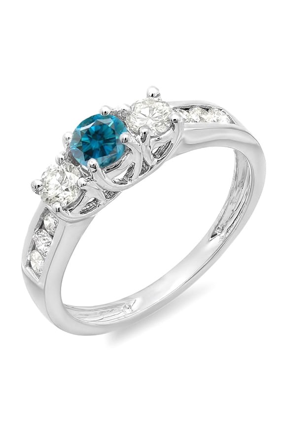0.90 Carat (ctw) 14K White Gold Round Cut Blue & White Diamond Ladies 3 Stone Engagement Bridal Ring