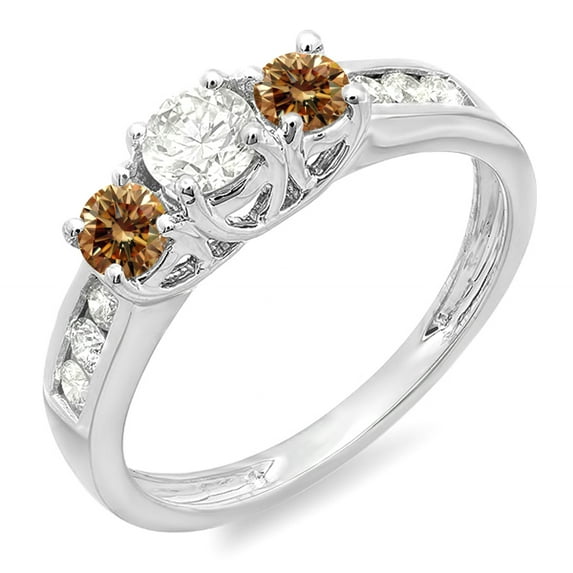 0.90 Carat (ctw) 14K White Gold Round Cut Champagne & White Diamond Ladies 3 Stone Engagement Bridal Ring