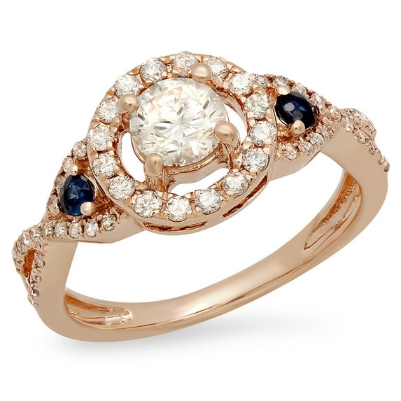 0.90 Carat (ctw) 18K Rose Gold Round Blue Sapphire & White Diamond Ladies 3 Stone Swirl Halo Vintage Bridal Engagement R