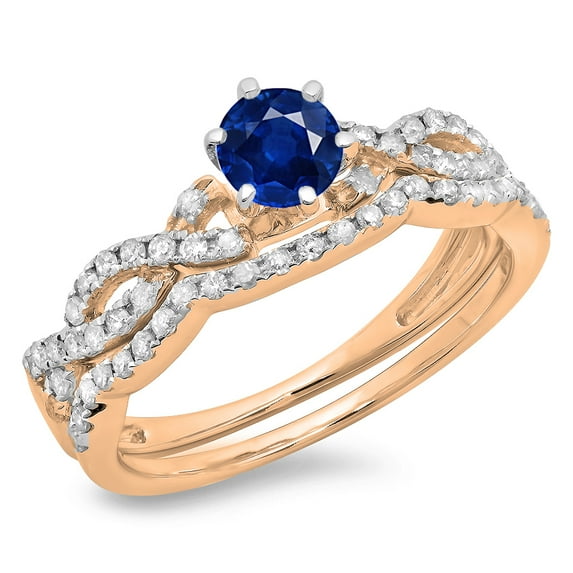 0.90 Carat (ctw) 18K Rose Gold Round Cut Blue Sapphire & White Diamond Ladies Bridal Twisted Swirl Engagement Ring Match