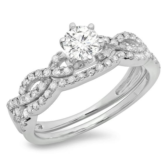 0.90 Carat (ctw) 18K White Gold Round Cut Diamond Ladies Bridal Twisted Swirl Engagement Ring Matching Wedding Band Set