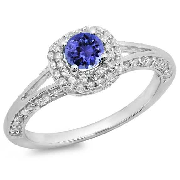 0.90 Carat (ctw) 18K White Gold Round Cut Tanzanite & White Diamond Ladies Bridal Split Shank Halo Style Engagement Ring
