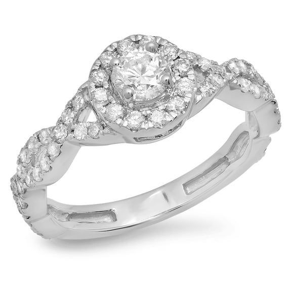 0.90 Carat (ctw) 18K White Gold Round White Diamond Ladies Swirl Split Shank Bridal Halo Engagement Ring