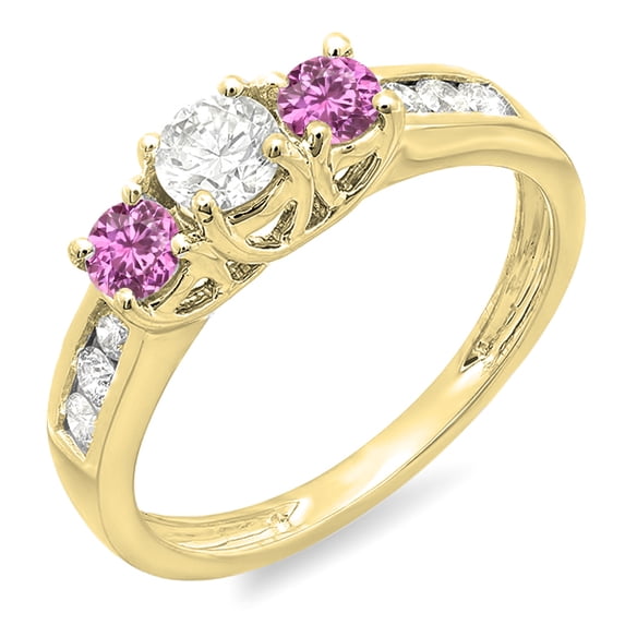 0.90 Carat (ctw) 18K Yellow Gold Round Cut Pink Sapphire & White Diamond Ladies 3 Stone Engagement Bridal Ring