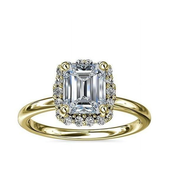 0.90 Ct Brilliant Emerald Cut Genuine Diamond Sparkle Halo Engagement Ring for Women Solid 14K Yellow Gold Size 6.5
