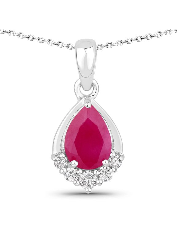 0.90 Ct Genuine Mozambique Ruby and Lab Grown Diamond Silver Teardrop Pendant Necklace
