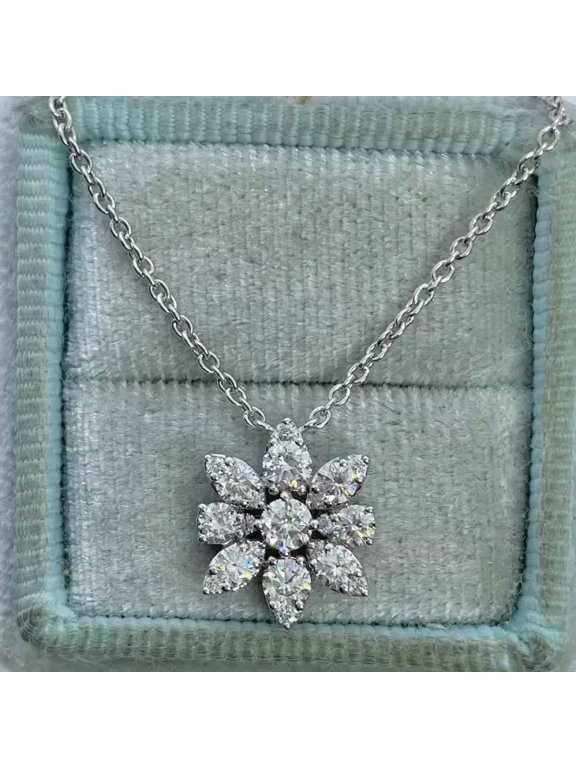 0.90Ct Round Cut Moissanite Snowflake Flower Pendant 14K White Gold Plated Silver