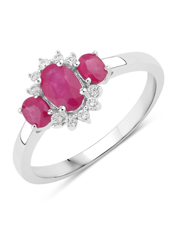 0.92 Ct Oval Pink Mozambique Ruby and Lab Diamond Prong Silver Three Stone Cocktail Ring
