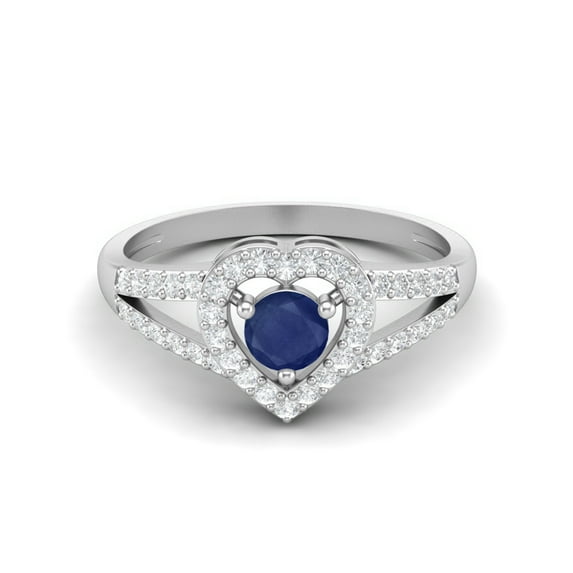 0.92 Cts Round Blue Sapphire 925 Sterling Silver Solitaire Accent Heart Mother's Day Gift Ring