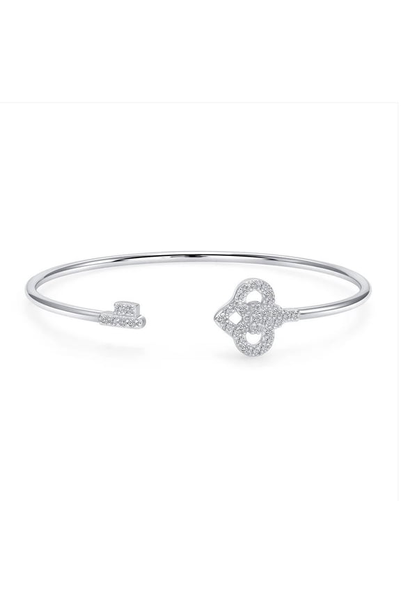 0.925 Sterling Silver Heart & Key Cuff Bangle Bracelet, Rhodium-Plated, Cubic Zirconia Stones, Hypoallergenic, Made in I