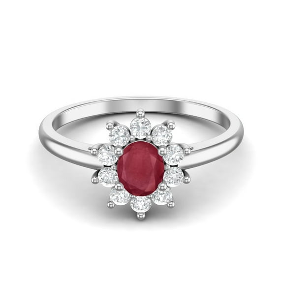 0.94 Cts Oval Ruby Glass Filled Halo Art Deco Solitaire Wedding Women Mother's Day Gift 925 Sterling Silver Ring