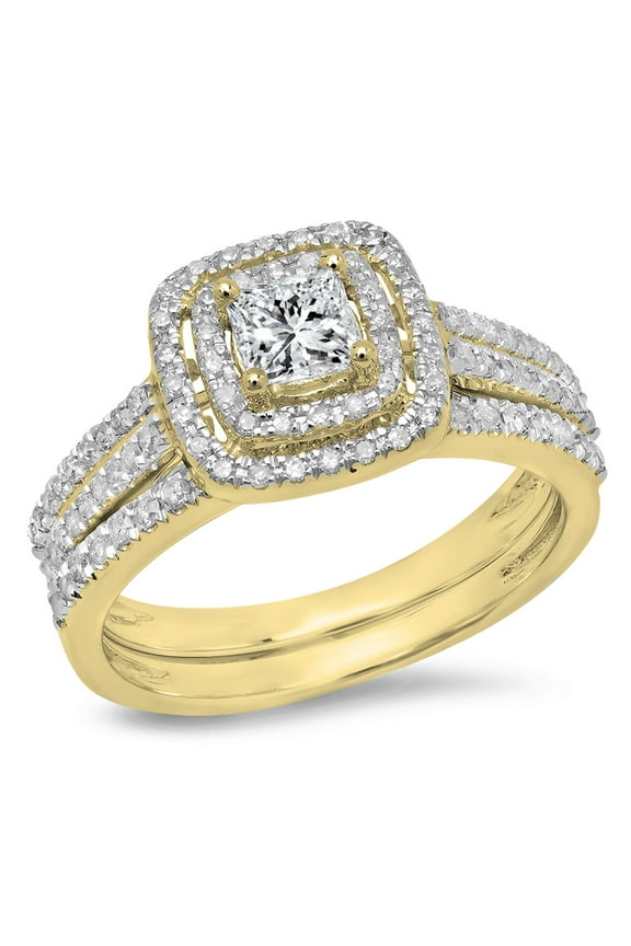0.95 Carat (ctw) 18K Yellow Gold Princess & Round White Diamond Ladies Halo Style Bridal Engagement Ring Matching Band S