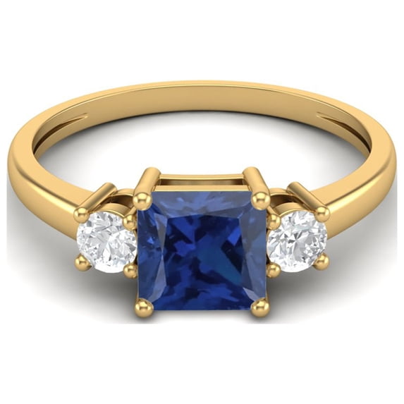 0.95 Ctw Princess cut Square Blue Sapphire Syn. 925 Sterling Silver Gold Vermeil Trio Stone Dainty Women Mother's Day Gift Ring