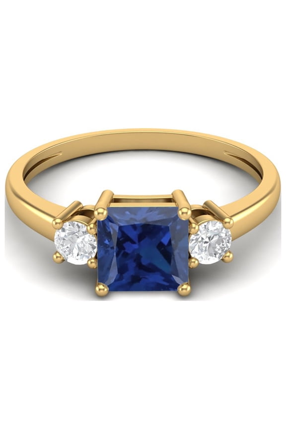 0.95 Ctw Princess cut Square Blue Sapphire Syn. 925 Sterling Silver Gold Vermeil Trio Stone Dainty Women Valentines Day Gifts Ring