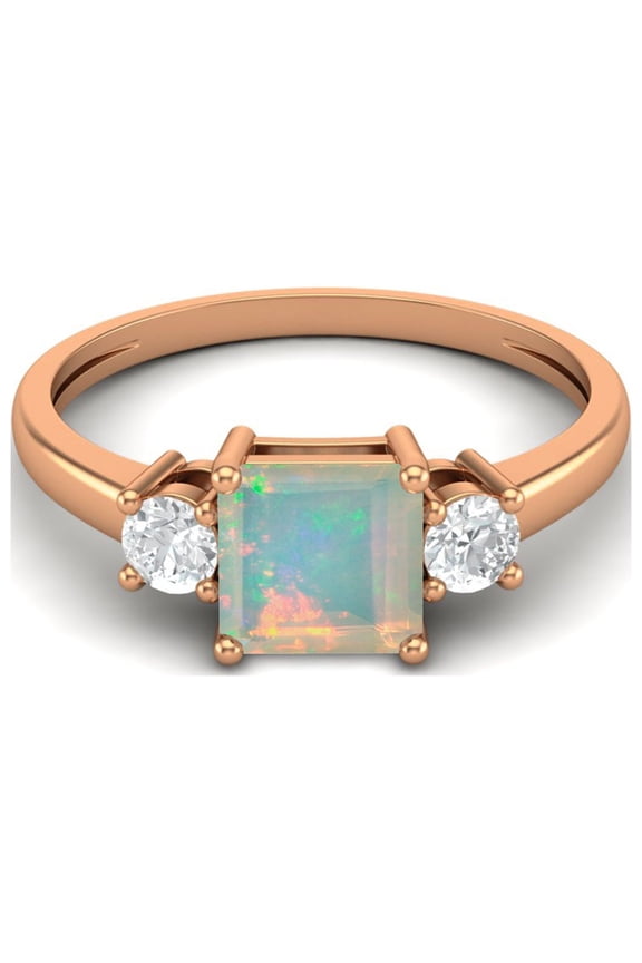 0.95 Ctw Princess cut Square Ethiopian Opal 925 Sterling Silver Rose Vermeil Trio Stone Dainty Women Valentines Day Gifts Ring