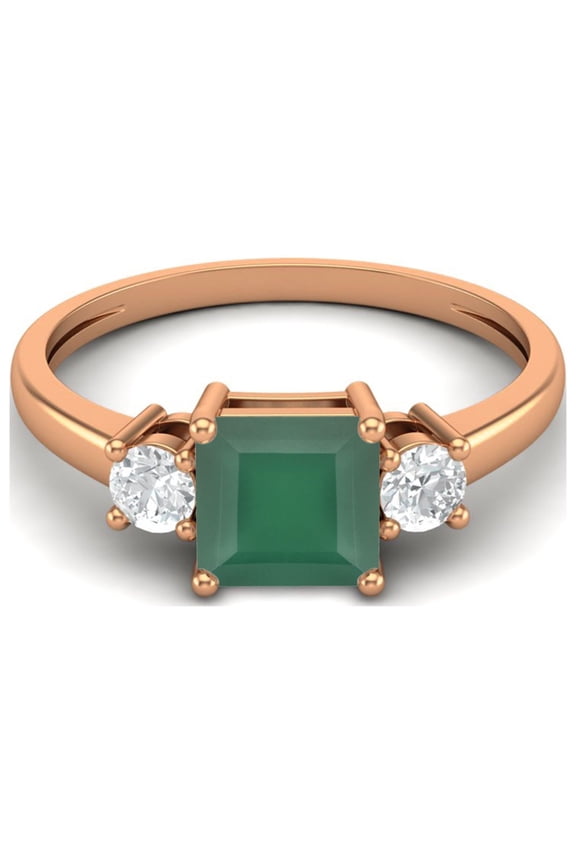 0.95 Ctw Princess cut Square Green Onyx 925 Sterling Silver Rose Vermeil Trio Stone Dainty Women Mother's Day Gift Ring