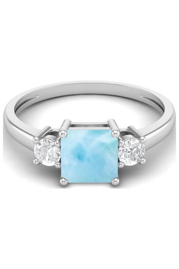 0.95 Ctw Princess cut Square Larimar 925 Sterling Silver Trio Stone Dainty Women Mother's Day Gift Ring