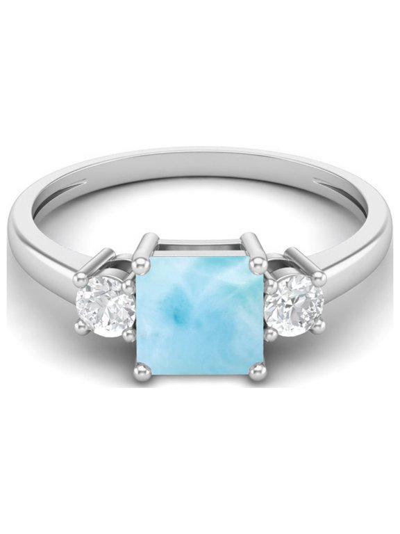 0.95 Ctw Princess cut Square Larimar 925 Sterling Silver Trio Stone Dainty Women Valentines Day Gifts Ring