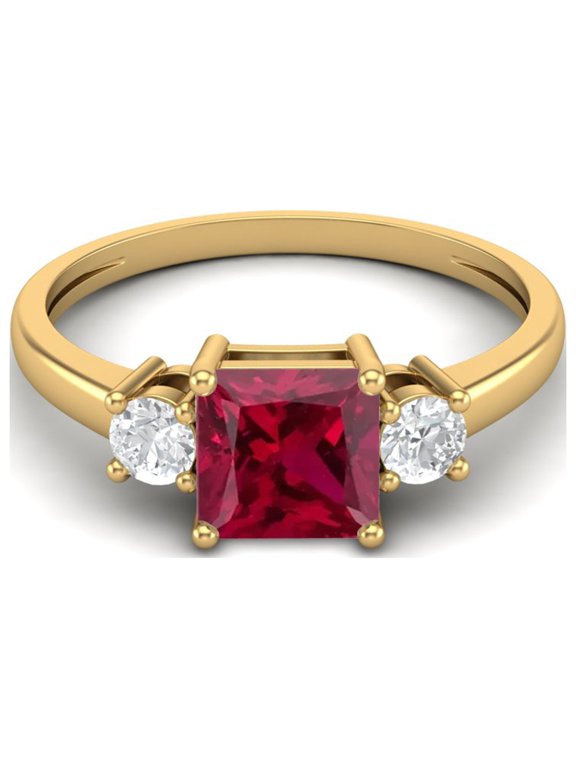 0.95 Ctw Princess cut Square Ruby Glass Field 925 Sterling Silver Gold Vermeil Trio Stone Dainty Women Valentines Day Gifts Ring