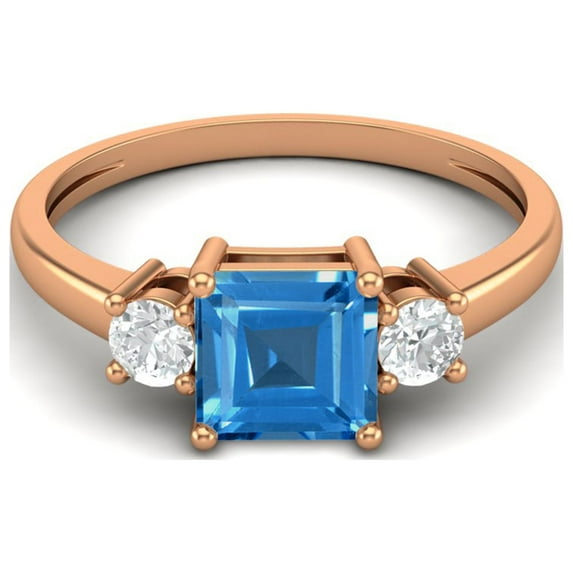 0.95 Ctw Princess cut Square Swiss Blue Topaz 925 Sterling Silver Rose Vermeil Trio Stone Dainty Women Mother's Day Gift Ring