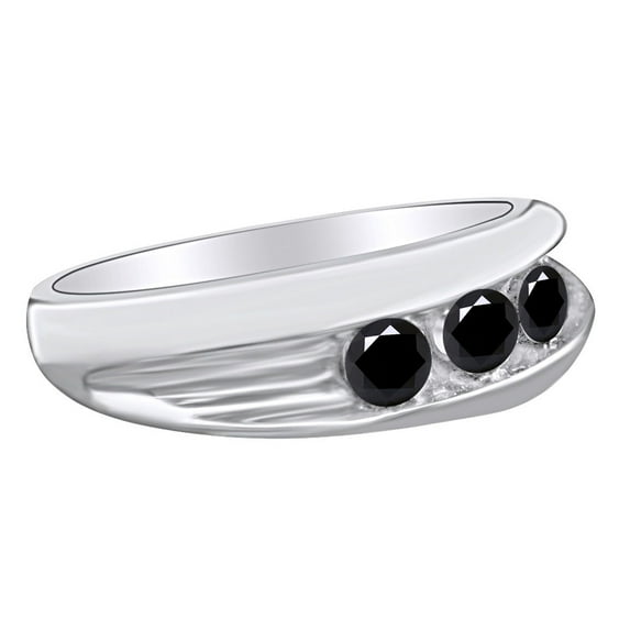 AFFY 0.96 Carat Round Shape Black Natural Diamond Men's Three Stone Wedding Band Ring 925 Sterling Silver Ring Size-10