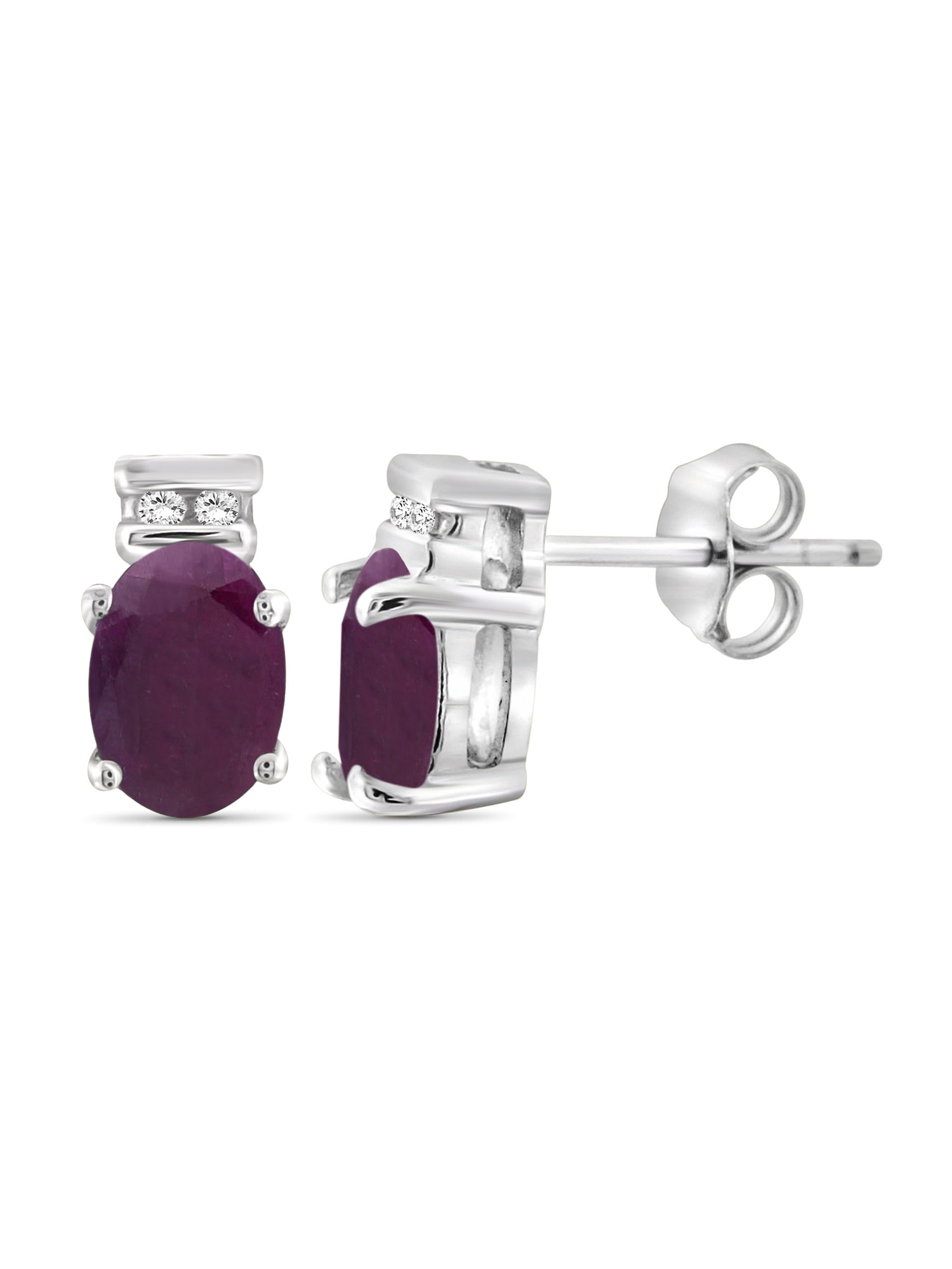 0.96 Carat Ruby Gemstone and 1/20 Carat White Diamond Women's Sterling Silver Earrings