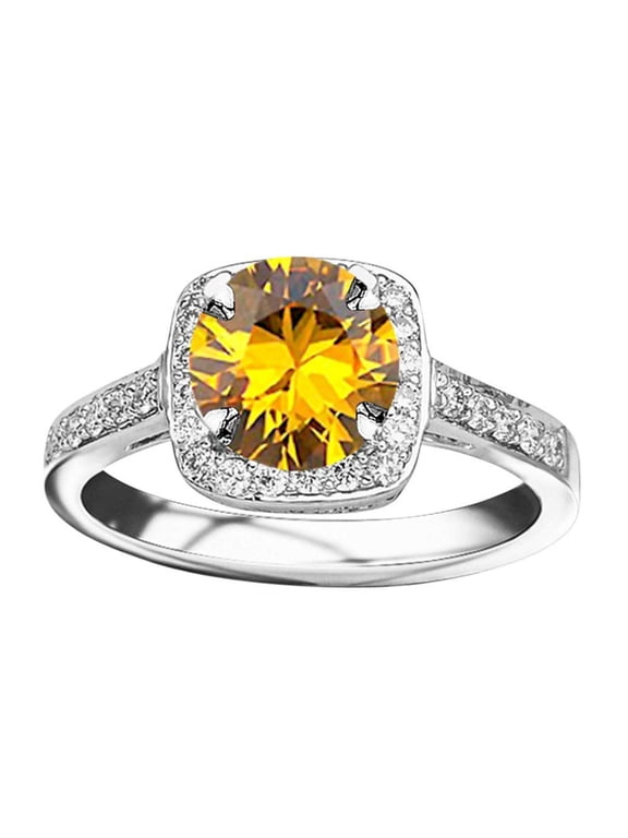 0.98 Carat t.w 14K White Gold Classic Square Halo Single Row Pave Set Diamond Engaement Ring w/a 0.75 Carat Round Cut Yellow Citrine Heirloom Quality