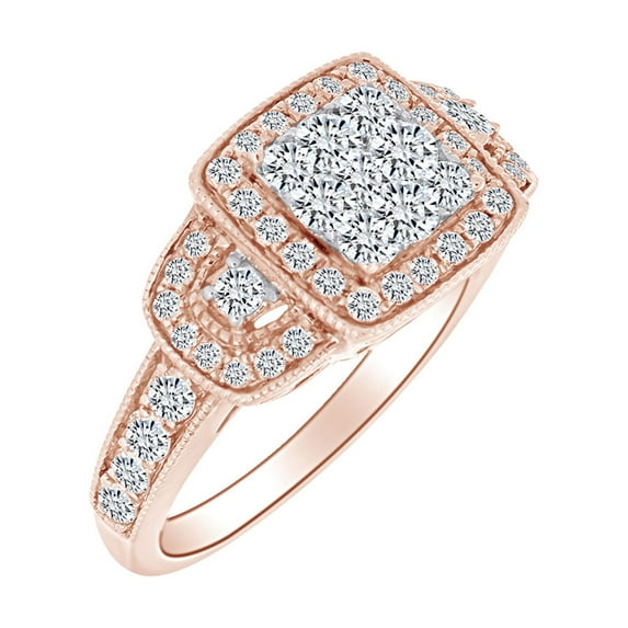 AFFY 0.98 Ctw Round Cut White Natural Diamond Halo Engagement Wedding Ring Solid 10k Rose Gold (I-J Color)